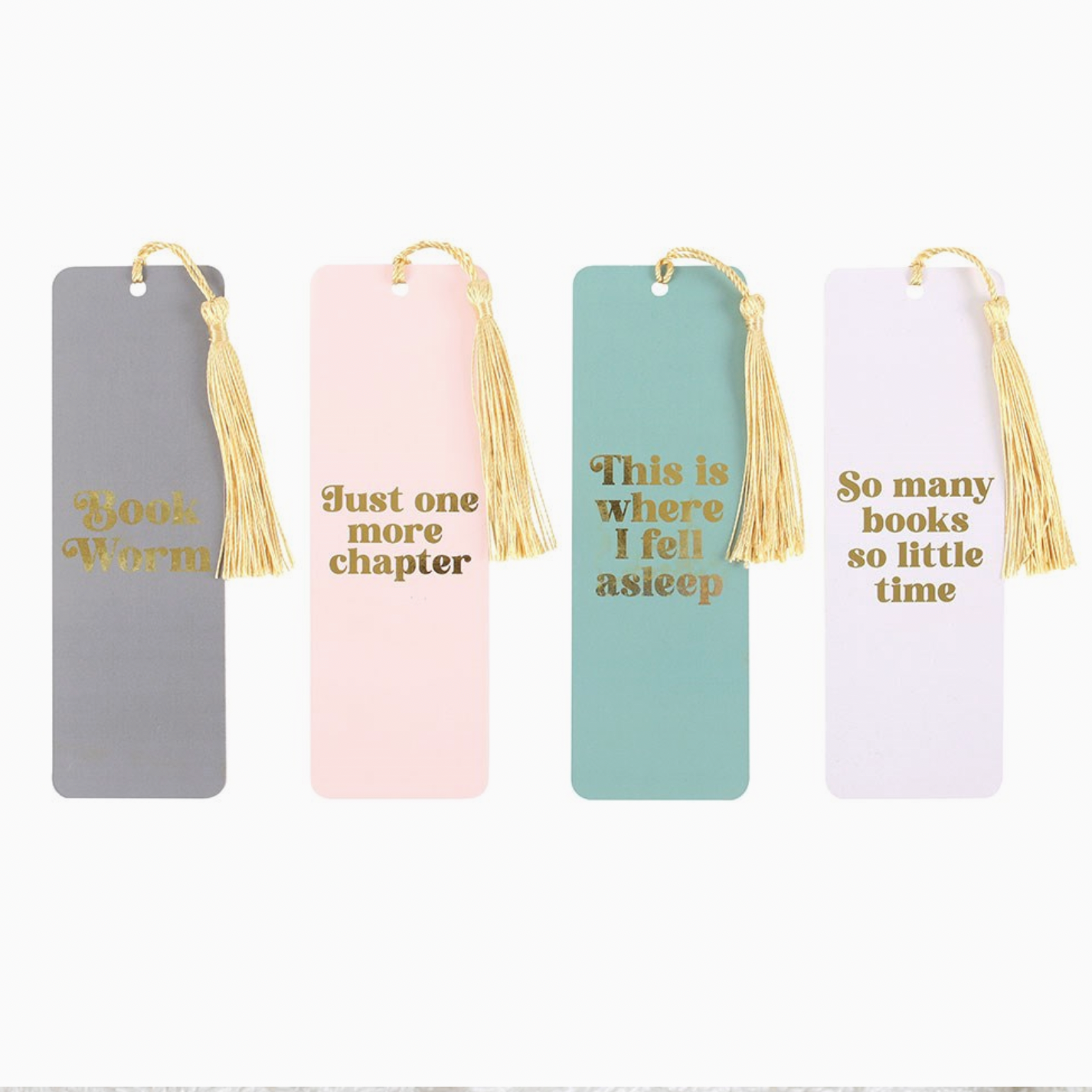 Four bookmarks with tassels and gold text on a white background