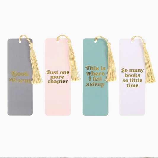 Four bookmarks with tassels and gold text on a white background