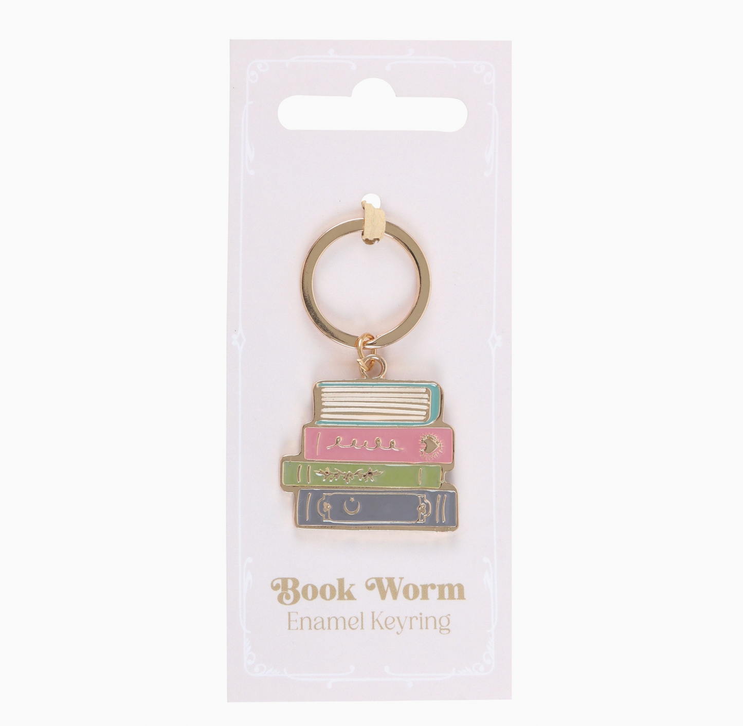 Book-themed keychain on a white card with 'Book Worm' text