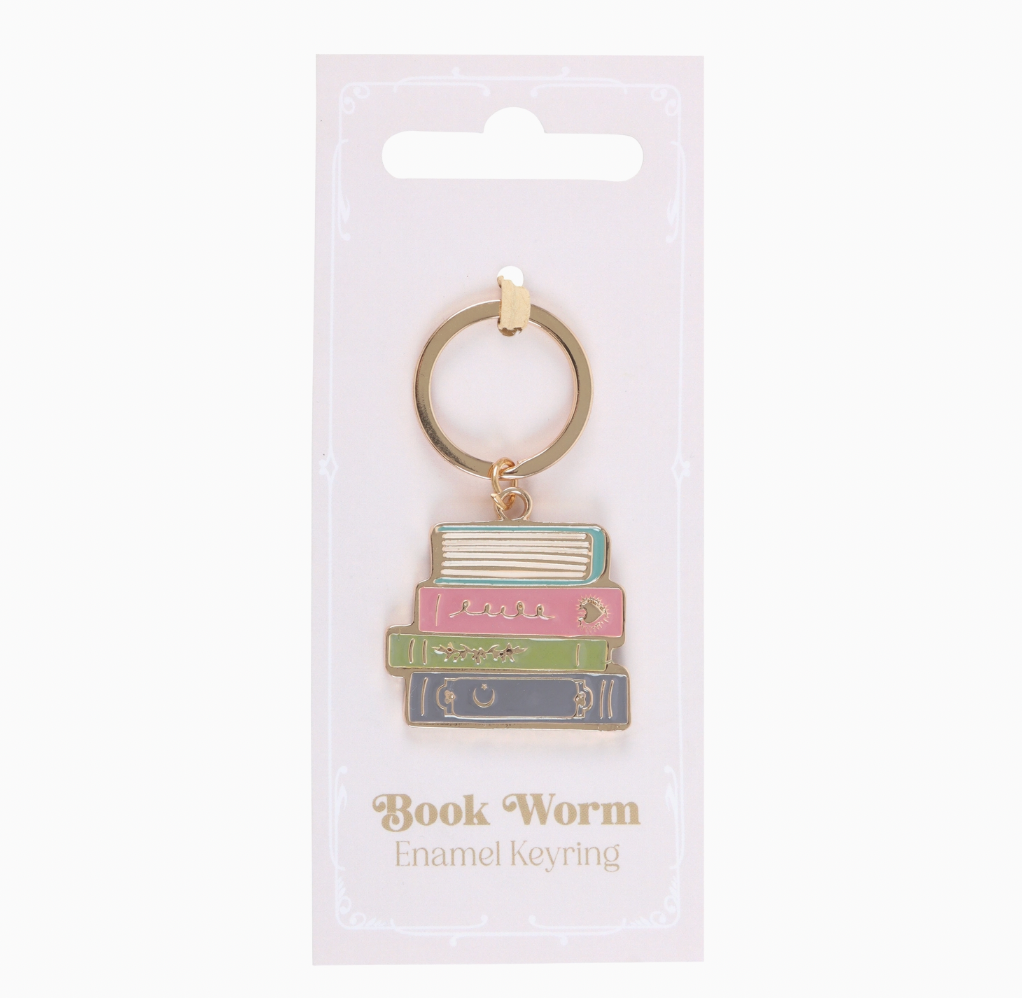 Book-themed keychain on a white card with 'Book Worm' text