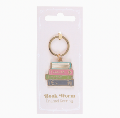 Book-themed keychain on a white card with 'Book Worm' text