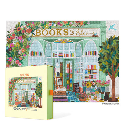 Jigsaw puzzle box with a colorful design of a bookshop and flowers, featuring the text 'Books & Blooms'.