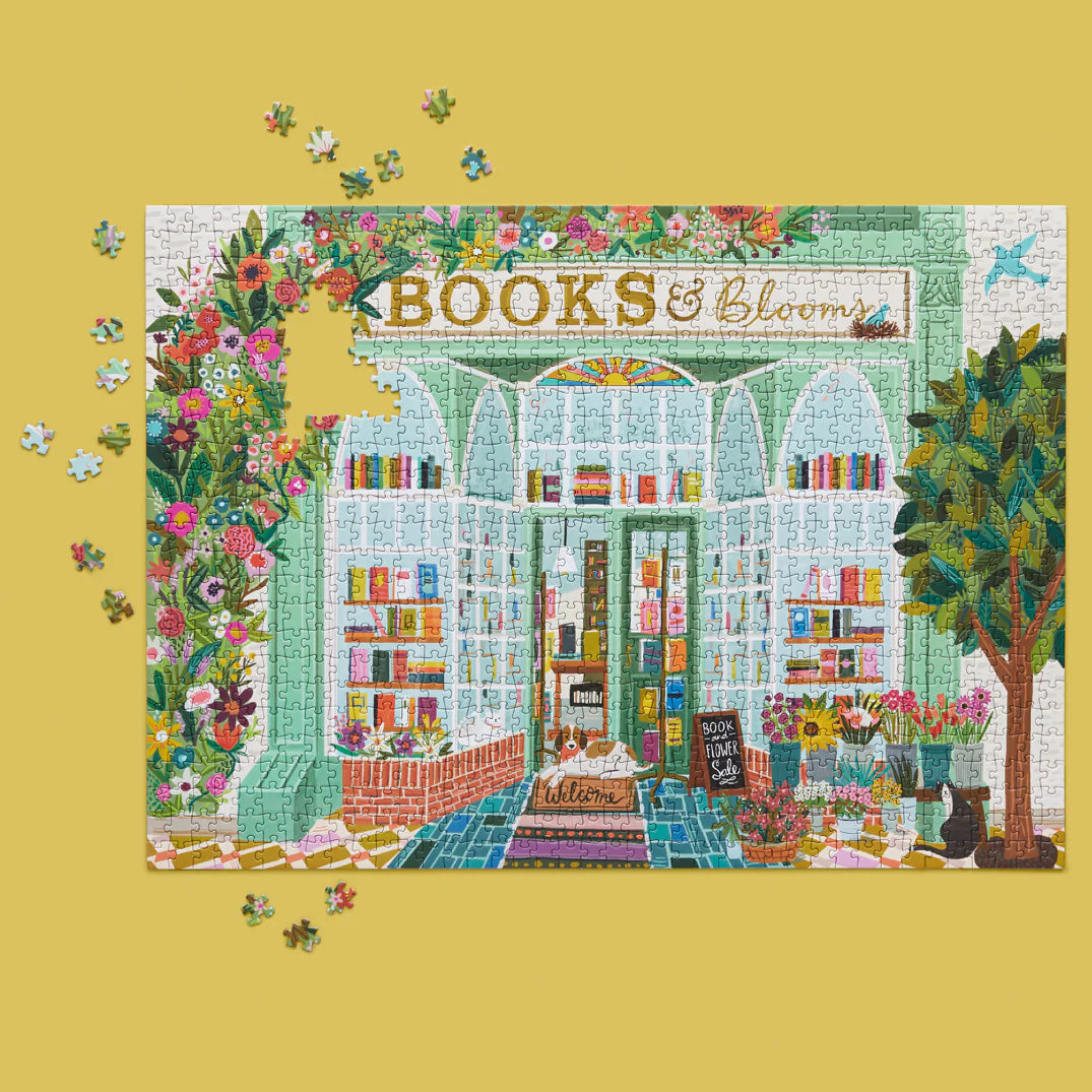 Jigsaw puzzle with a completed design of a bookstore and garden on a yellow background