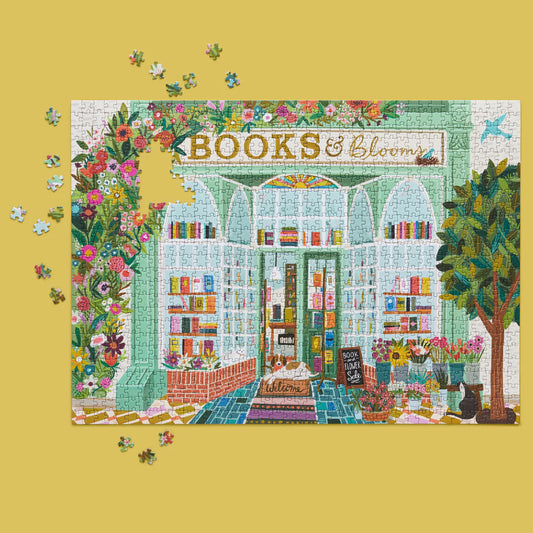 Jigsaw puzzle with a completed design of a bookstore and garden on a yellow background
