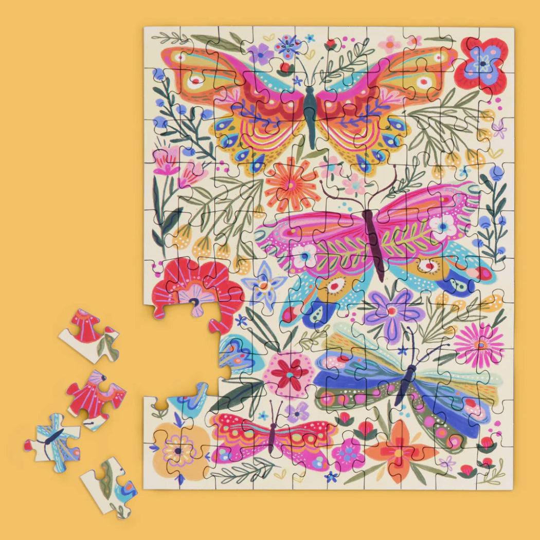 Colorful butterfly and floral puzzle on a yellow background