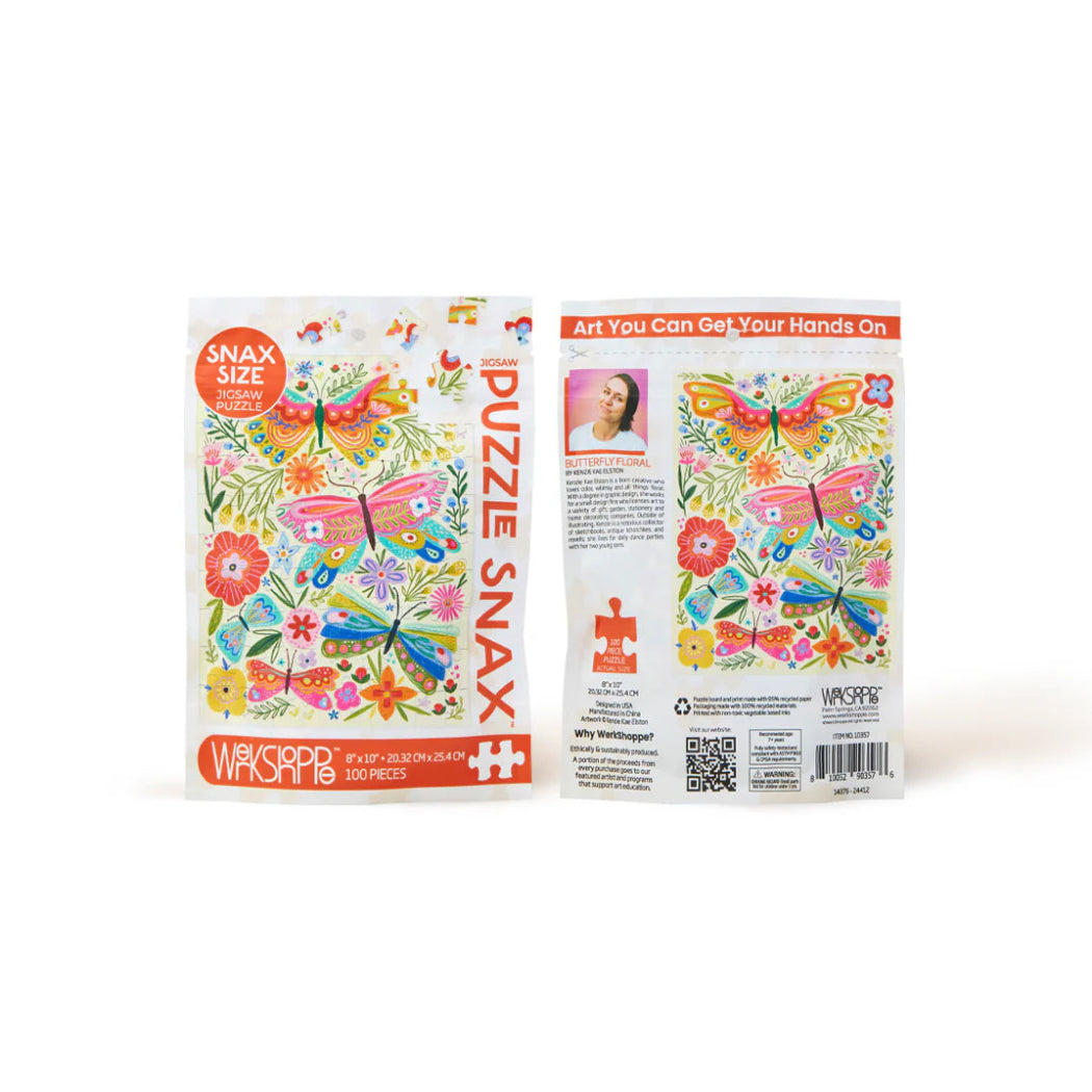 Puzzle Snax packaging with butterfly design on a white background
