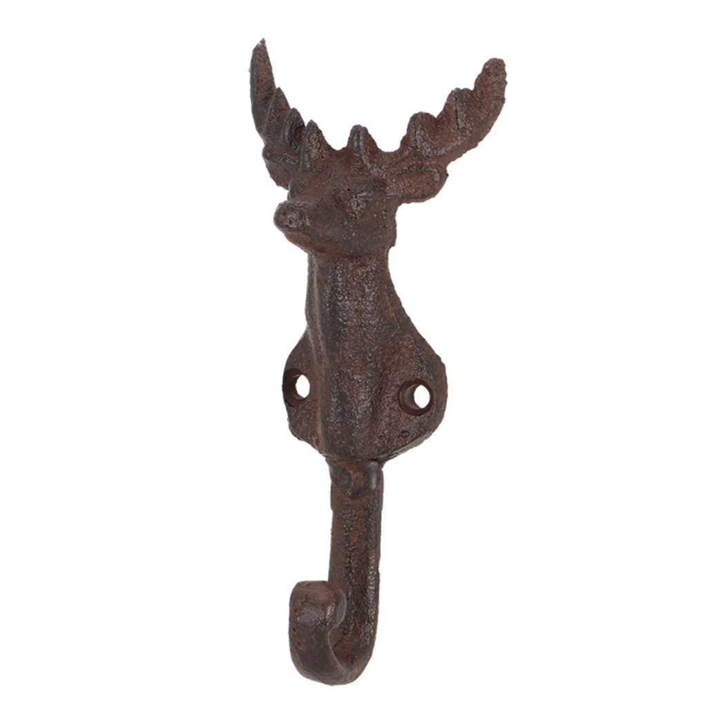 A rustic cast iron moose head wall hook with antlers, finished in a dark brown textured patina, shown against a plain white background.