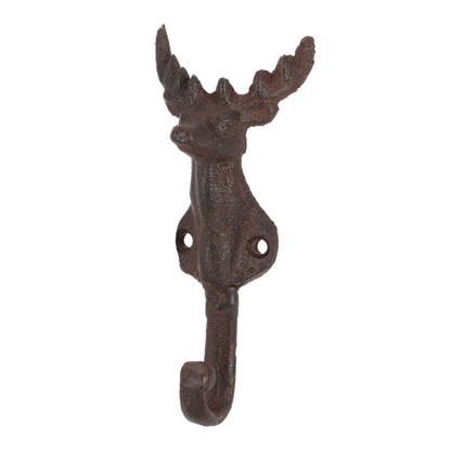 A rustic cast iron moose head wall hook with antlers, finished in a dark brown textured patina, shown against a plain white background.