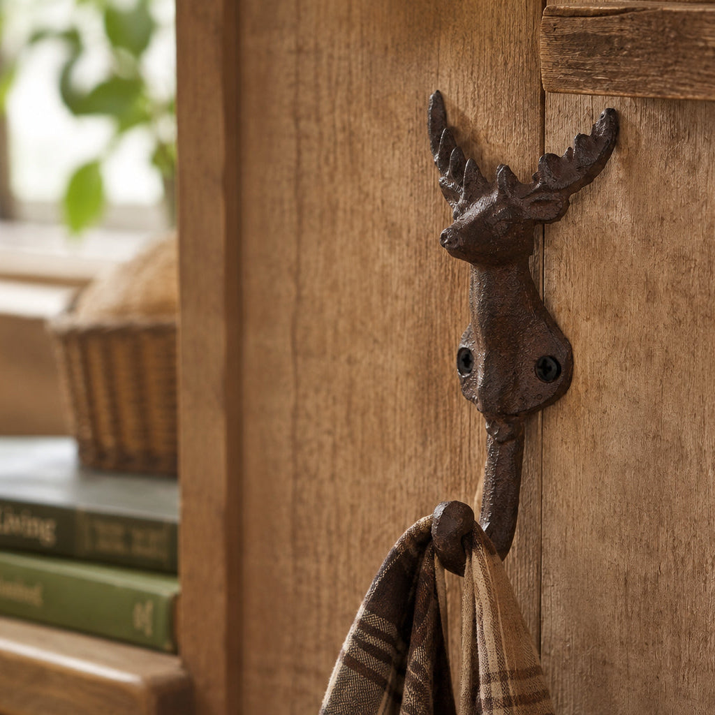 A dark cast iron deer hook mounted to a wooden wall.