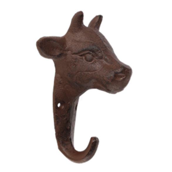 Brown metal hook shaped like a dog's head on a white background