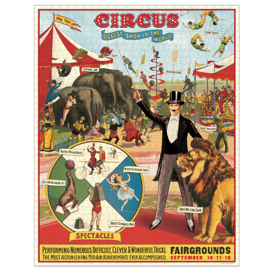 Vintage-style circus poster with performers, animals, and text on a white background