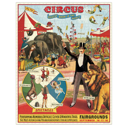 Vintage-style circus poster with performers, animals, and text on a white background
