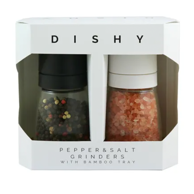 Dishy pepper and salt grinders set with packaging on a white background