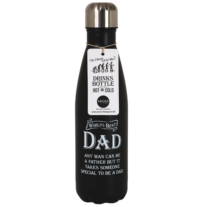 A black insulated water bottle with a silver cap, featuring a white hanging tag and printed text that reads 'World's Best Dad' and a humorous quote about fathers. The bottle is photographed on a plain white background.