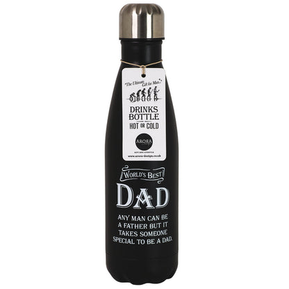 A black insulated water bottle with a silver cap, featuring a white hanging tag and printed text that reads 'World's Best Dad' and a humorous quote about fathers. The bottle is photographed on a plain white background.