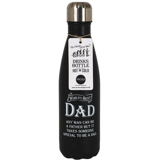 A black insulated water bottle with a silver cap, featuring a white hanging tag and printed text that reads 'World's Best Dad' and a humorous quote about fathers. The bottle is photographed on a plain white background.