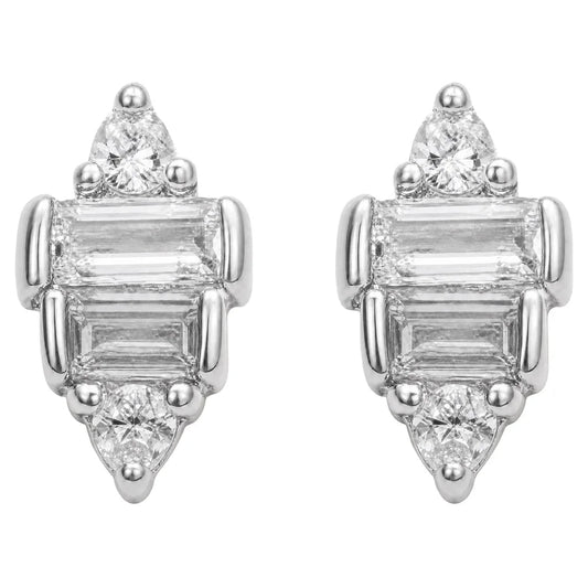 A pair of silver-toned geometric stud earrings featuring baguette-cut clear gemstones and small round stones, shown against a plain white background.