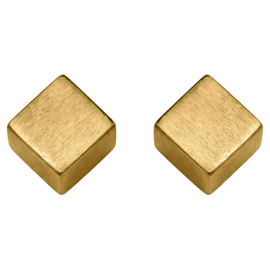 A pair of square stud earrings with a brushed gold finish, shown on a plain white background.