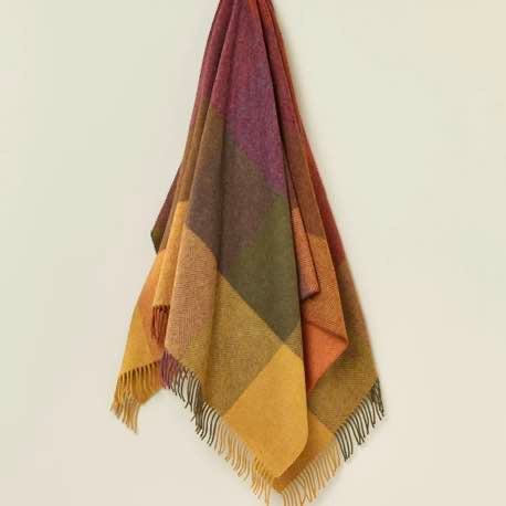 Multicolored plaid blanket draped over a chair against a plain background