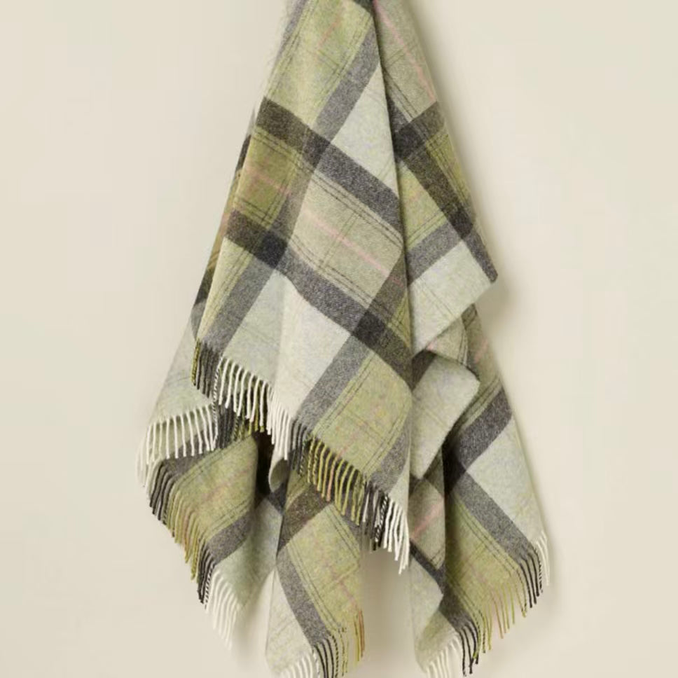 Plaid blanket with fringes on a light beige background