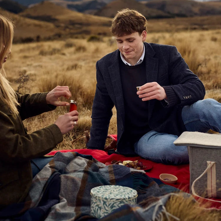 A man in a dark blazer and jeans sits on a red picnic blanket in an open grassy field, sharing a drink with a woman whose arm is visible on the left. Snow-capped mountains and hills are in the background under an overcast sky.