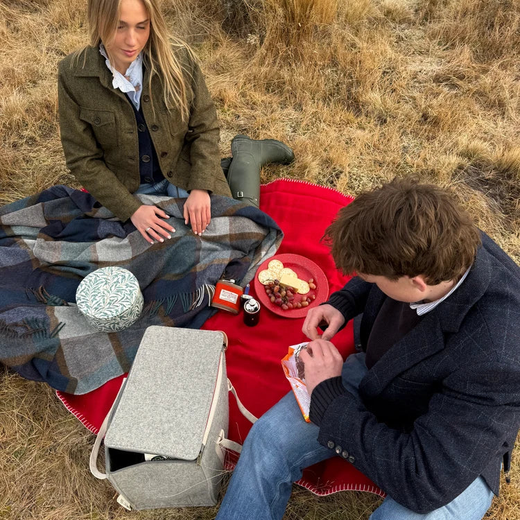 A couple sitting on a red blanket in a dry grassy field, sharing a picnic with a gray felt lunchbox, a patterned bowl, and a red plate of food.