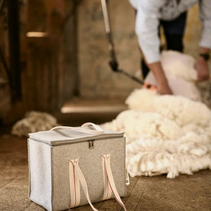 Person shearing a sheep with a shearling bag in a barn setting