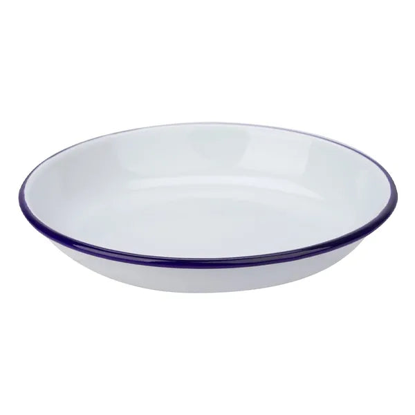 A white enamel bowl with a thin dark blue rim, shown from a high angle on a solid white background.
