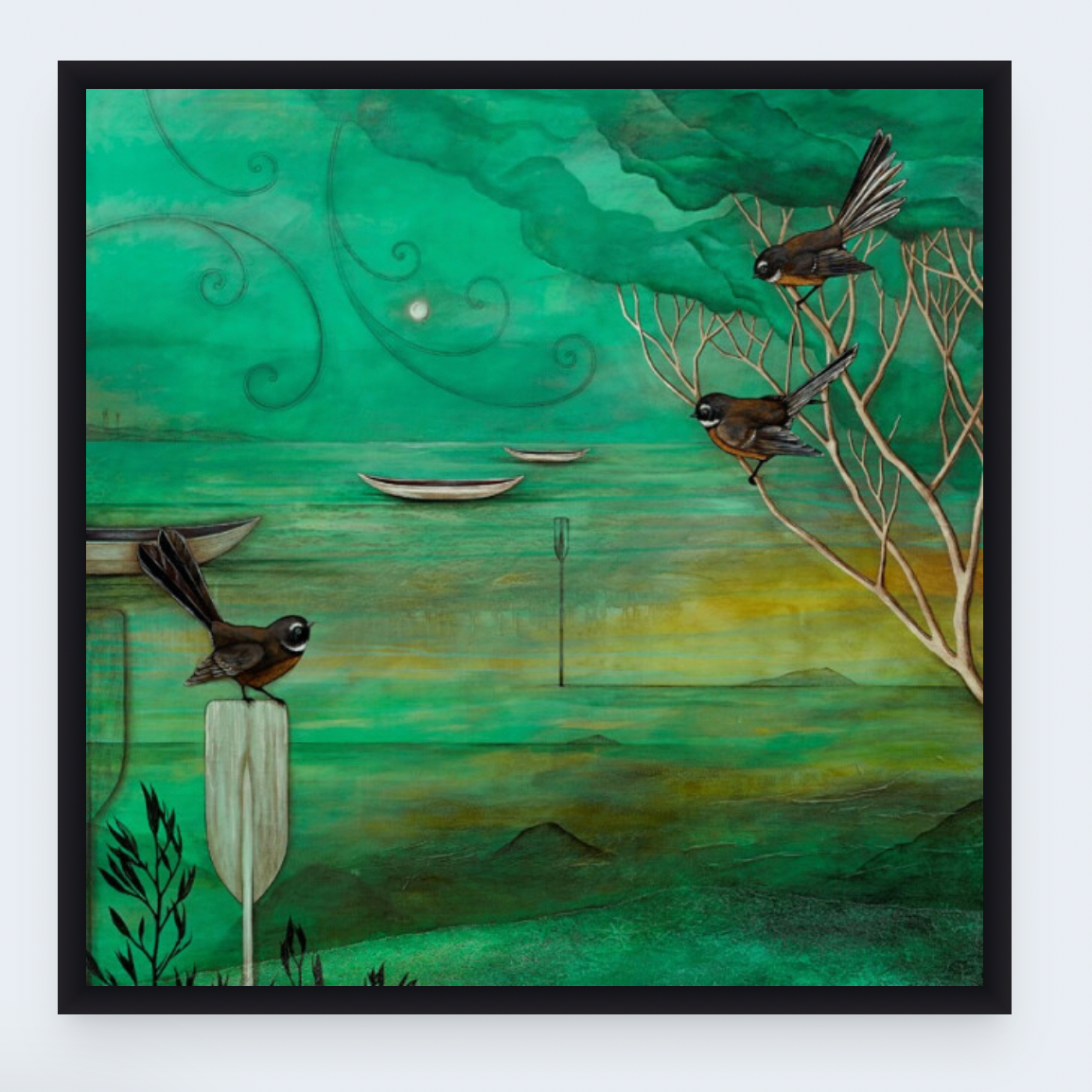 3 beautiful fantails with green background wall art.