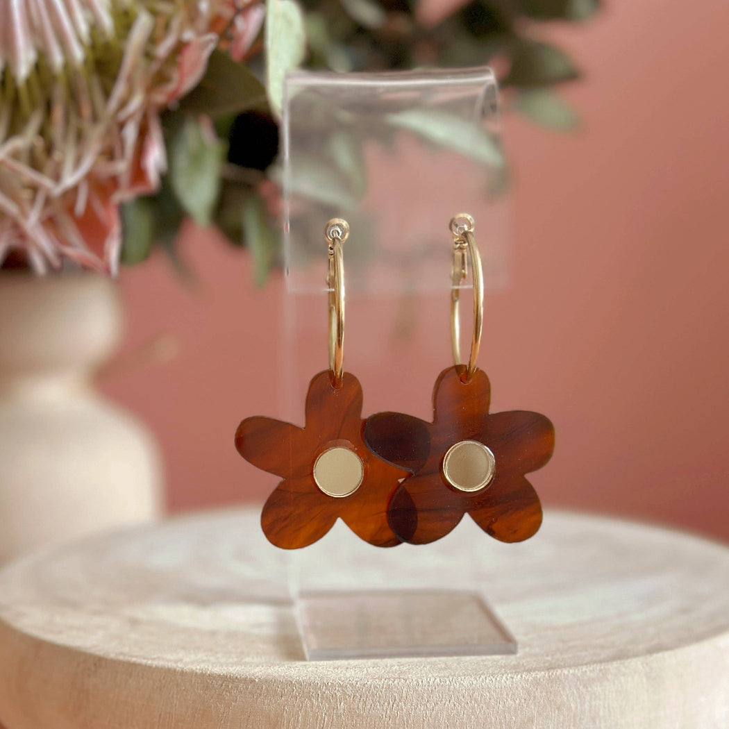 Flower-shaped earrings on a small round stand with a pink background