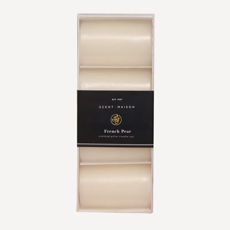 Scent Maison French Pear scented wax melts in a clear rectangular box with a black label, shown against a light gray background.