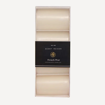 Scent Maison French Pear scented wax melts in a clear rectangular box with a black label, shown against a light gray background.