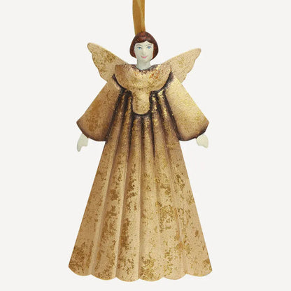 Decorative angel ornament with gold dress on a white background