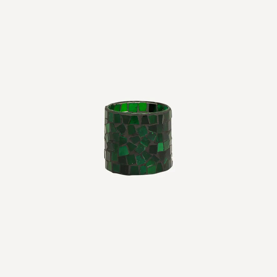 A green mosaic votive with a textured, cracked tile pattern, shown against a solid off-white background.