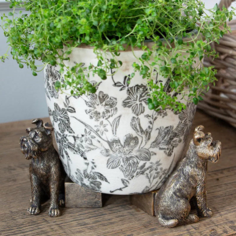 Decorative planter with floral design and green plants, accompanied by two small bronze dog statues on a wooden surface.