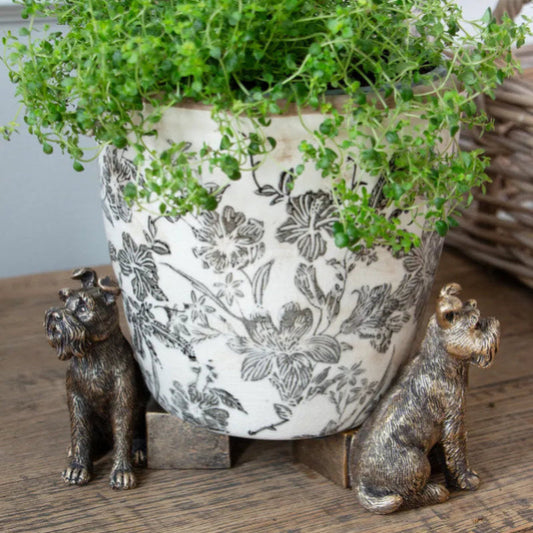Decorative planter with floral design and green plants, accompanied by two small bronze dog statues on a wooden surface.