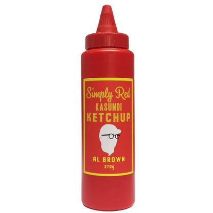A red squeeze bottle labeled 'Simply Red Kasundi Ketchup' by Al Brown.