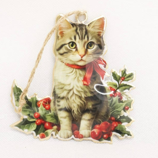 Vintage Cat with a Garland Hanging Christmas Decorations