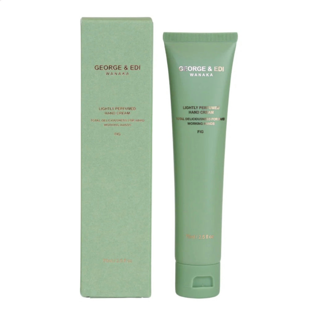 Green tube and box of George & Edi Wanaka hand cream on a white background