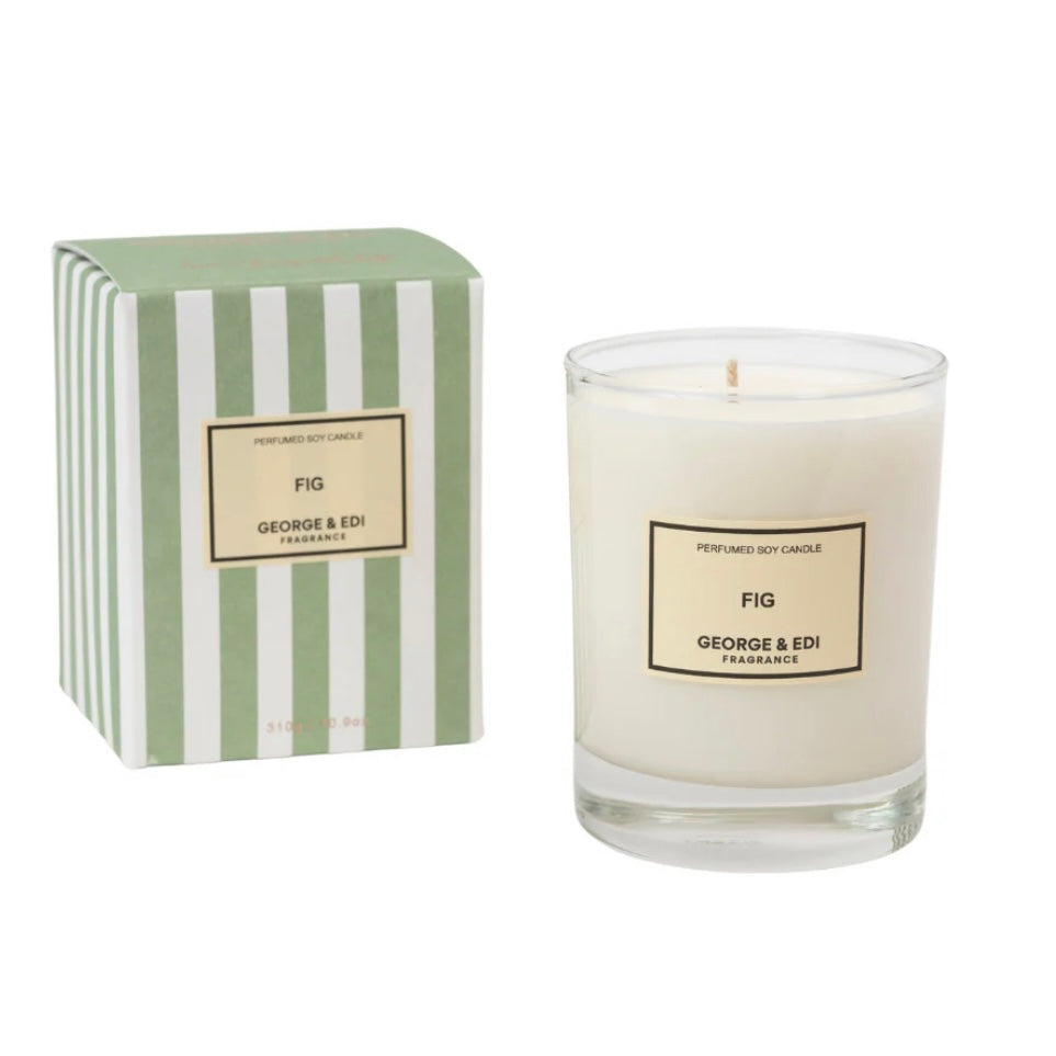 Candle with 'Fig' fragrance and matching striped packaging on a white background