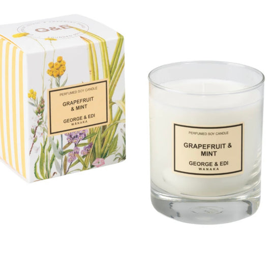 Grapefruit & Mint candle by George & Edi Wanaka with packaging on a white background