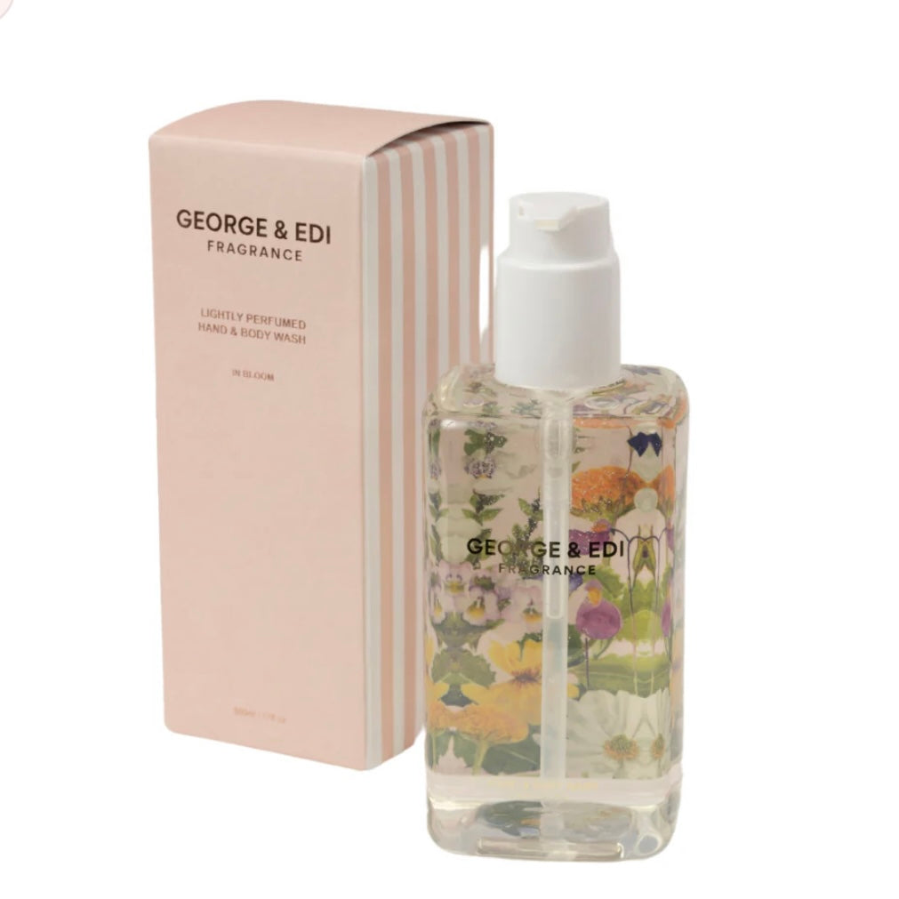 George & Edi fragrance bottle with floral design and packaging on a white background