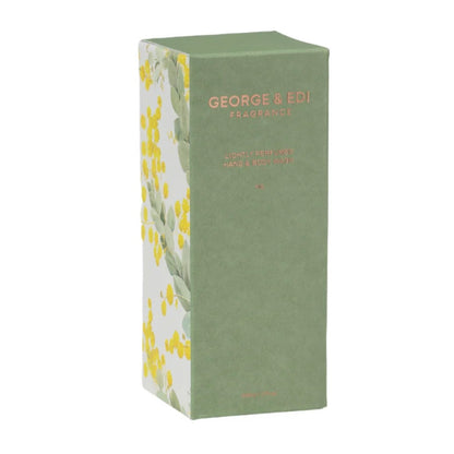 Green box with floral design and 'George & Edith' branding on a white background