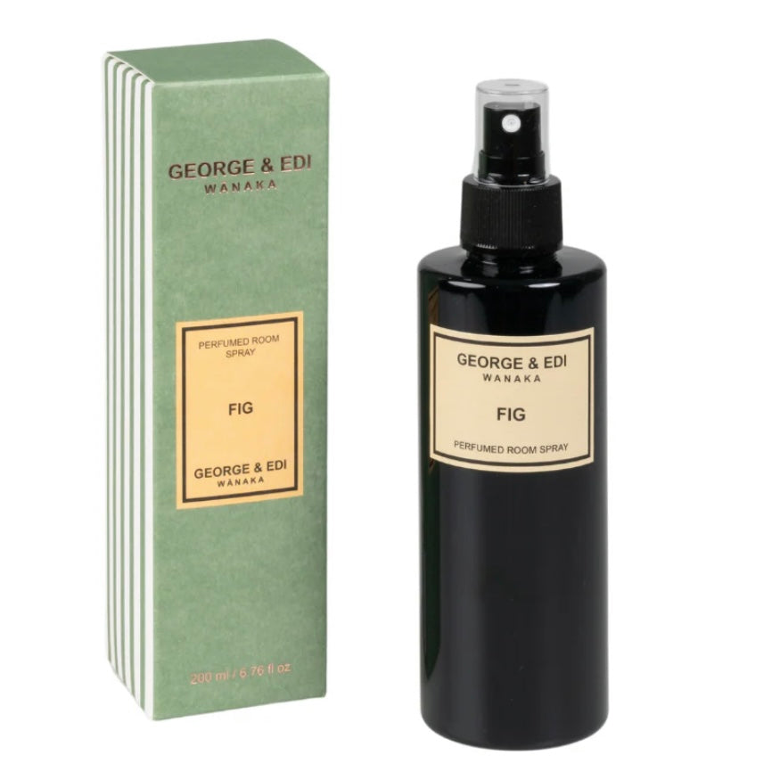 Black spray bottle and green box of George & Edi Wanaka Fig room spray on a white background