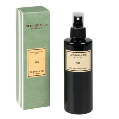Black spray bottle and green box of George & Edi Wanaka Fig room spray on a white background
