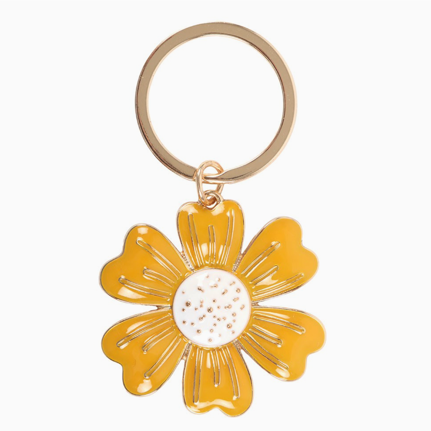Gold flower-shaped keychain on a white background