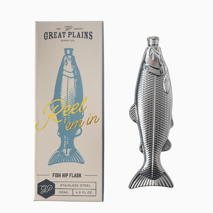 Fish-shaped flask with packaging labeled 'Great Plains Supply Co.' on a white background