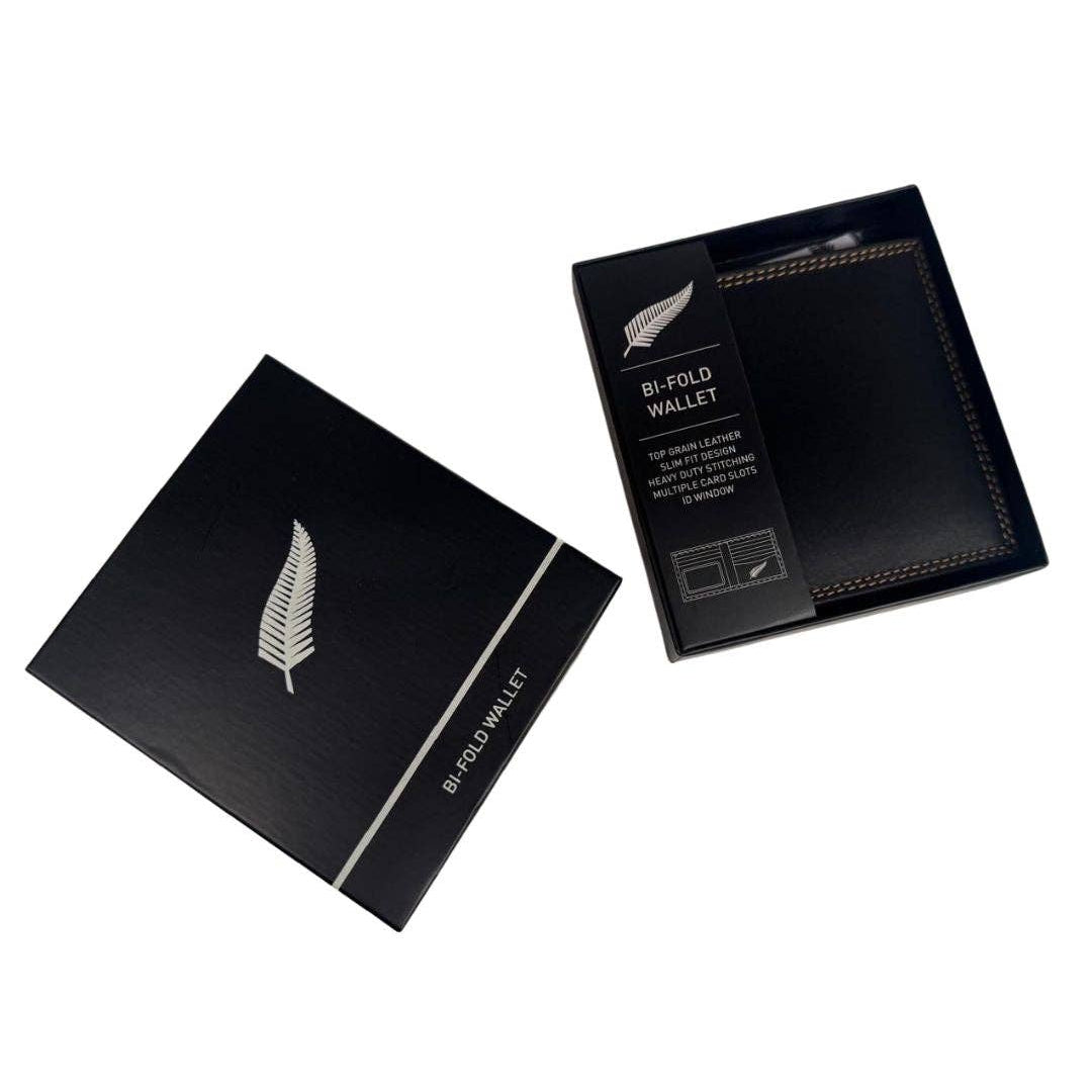 Black bi-fold wallet packaging with brand logo on a white background