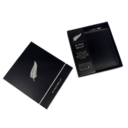 Black bi-fold wallet packaging with brand logo on a white background