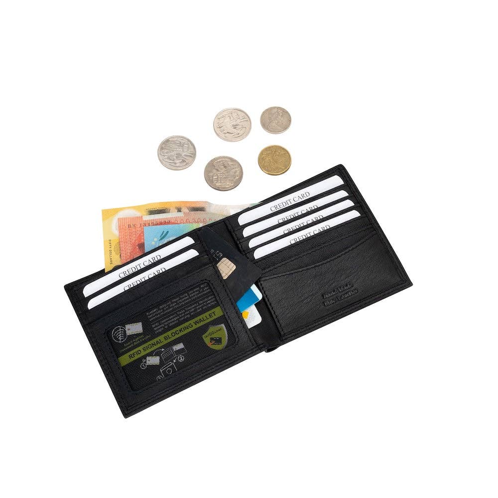 Black wallet with various cards and coins on a white background